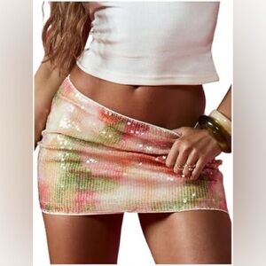 BNWT Missguided Sequin Tie Dye Look Mini Skirt – XL – Pink Green